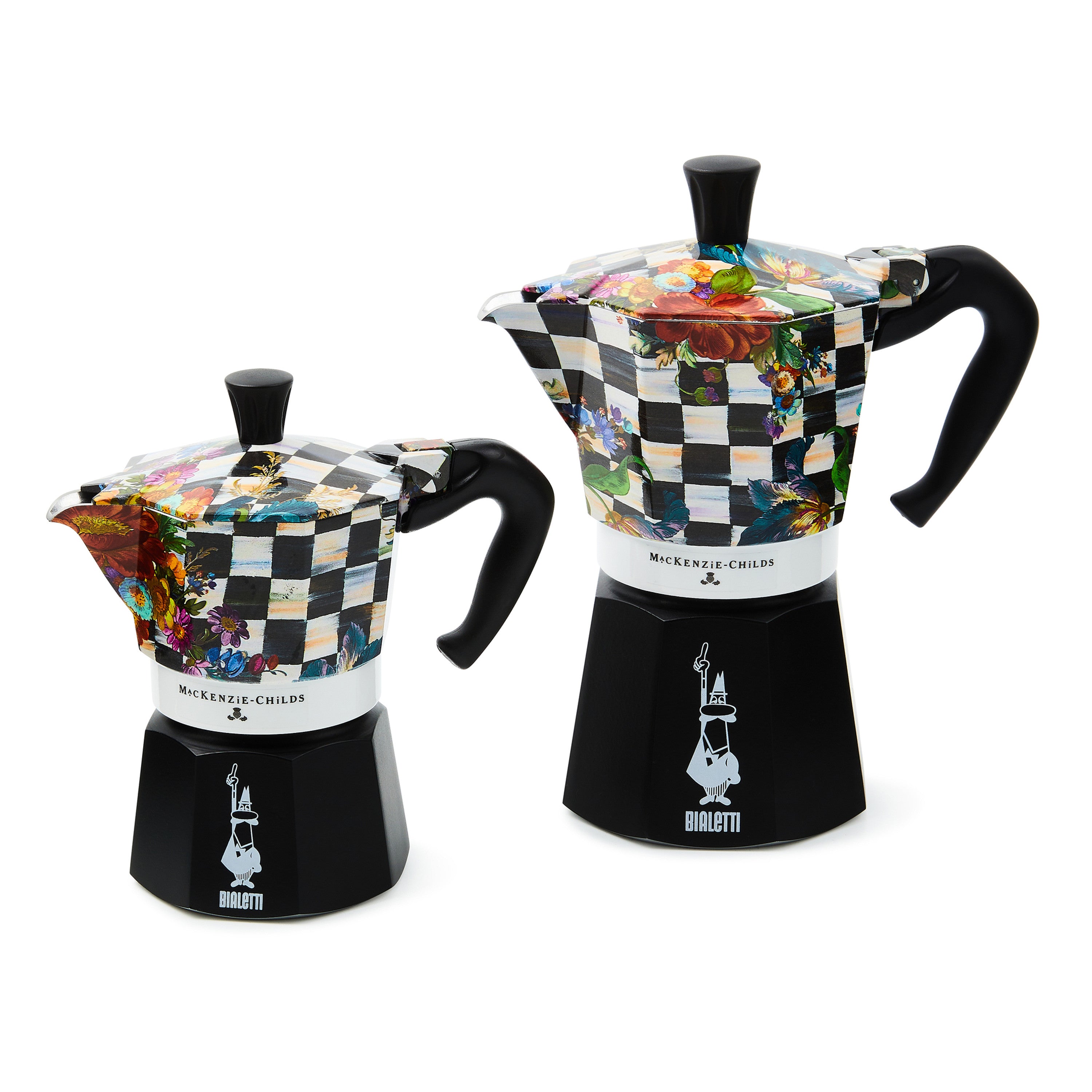 Mackenzie-Childs Courtly Check, Black and White Checked and Floral Moka pot (6 cups)